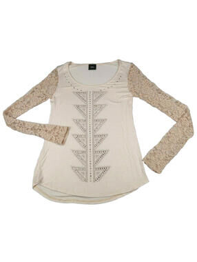 Daytrip Womens Scoop Neck Beige T Shirt Blouse Lace Sleeves Sequins S?